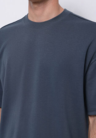 Oversize Fit Yuvarlak Yaka Düz Erkek Mavi Kısa Kol Tişört