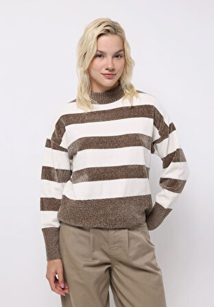 Regular Fit Yuvarlak Yaka Çizgili Kadın Kahverengi Kazak