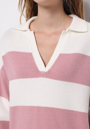 Regular Fit Polo Yaka Çizgili Kadın Pembe Kazak