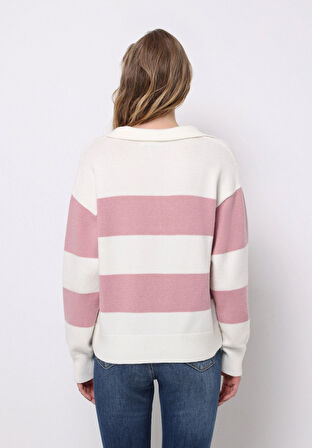 Regular Fit Polo Yaka Çizgili Kadın Pembe Kazak