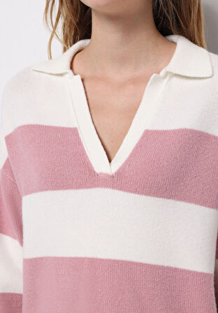 Regular Fit Polo Yaka Çizgili Kadın Pembe Kazak