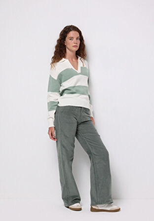 Regular Fit Polo Yaka Çizgili Kadın Yeşil Kazak