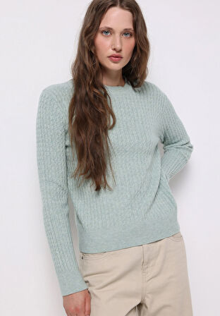 Regular Fit Yuvarlak Yaka Düz Kadın Yeşil Kazak