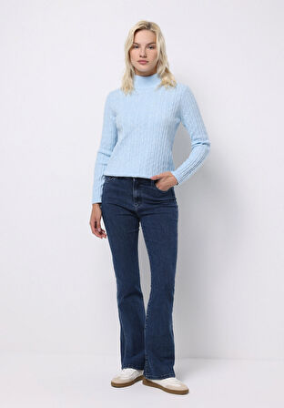 Regular Fit Yarım Balıkçı Yaka Düz Kadın Mavi Kazak