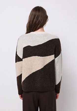 Regular Fit Yuvarlak Yaka Baskılı Kadın Çok Renkli Kazak