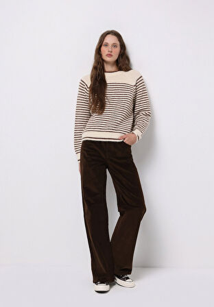 Regular Fit Yuvarlak Yaka Çizgili Kadın Bej Kazak