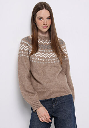 Regular Fit Turtle Neck Baskılı Kadın Bej Kazak