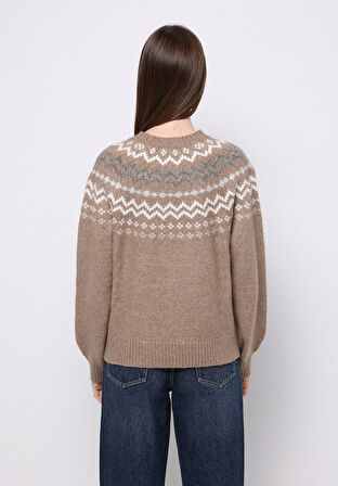 Regular Fit Turtle Neck Baskılı Kadın Bej Kazak