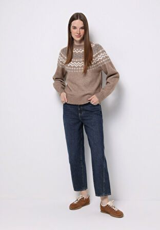 Regular Fit Turtle Neck Baskılı Kadın Bej Kazak