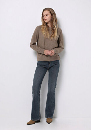 Regular Fit Yuvarlak Yaka Düz Kadın Kahverengi Kazak