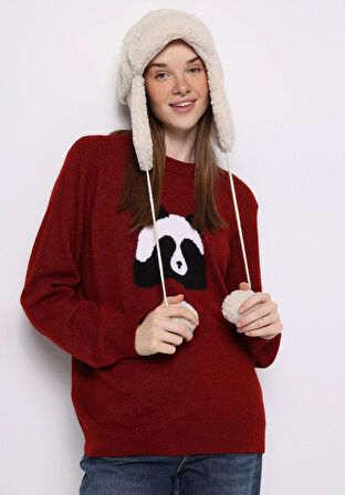 Regular Fit Yuvarlak Yaka Baskılı Kadın Kirmizi Kazak