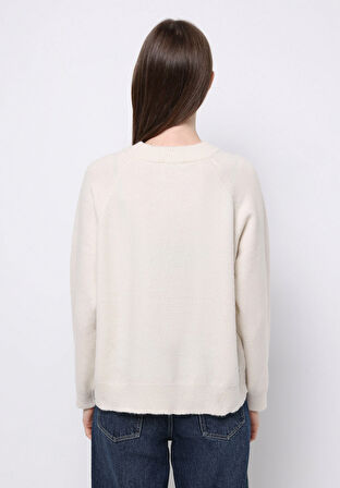 Relaxed Fit Yuvarlak Yaka Baskılı Kadın Ekru Kazak
