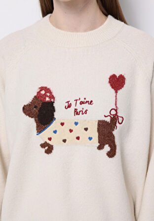 Relaxed Fit Yuvarlak Yaka Baskılı Kadın Ekru Kazak