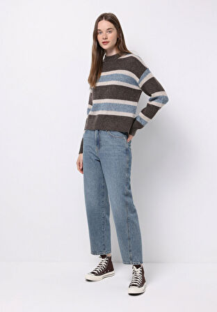 Regular Fit Yuvarlak Yaka Çizgili Kadın Kahverengi Kazak