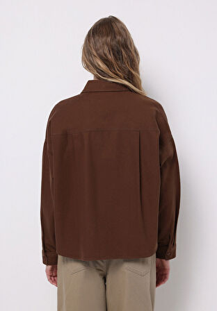 Relax Fit Shirt Neck Düz Kadın Kahverengi Uzun Kol Gömlek