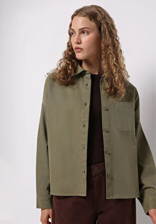Relax Fit Shirt Neck Düz Kadın Yeşil Uzun Kol Gömlek