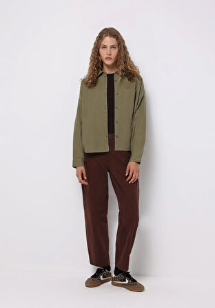 Relax Fit Shirt Neck Düz Kadın Yeşil Uzun Kol Gömlek