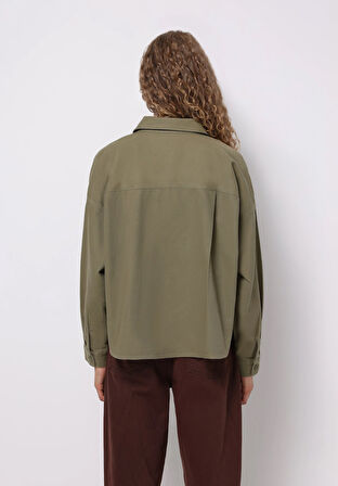 Relax Fit Shirt Neck Düz Kadın Yeşil Uzun Kol Gömlek