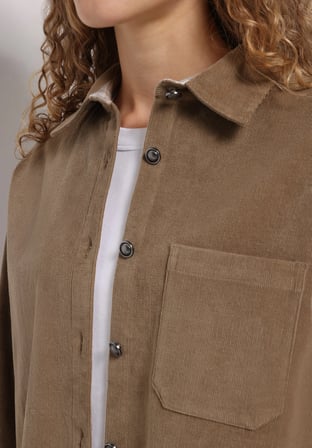 Regular Fit Shirt Neck Düz Kadın Bej Uzun Kol Gömlek