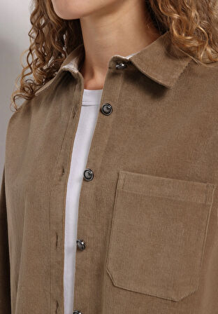Regular Fit Shirt Neck Düz Kadın Bej Uzun Kol Gömlek