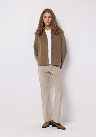 Regular Fit Shirt Neck Düz Kadın Bej Uzun Kol Gömlek