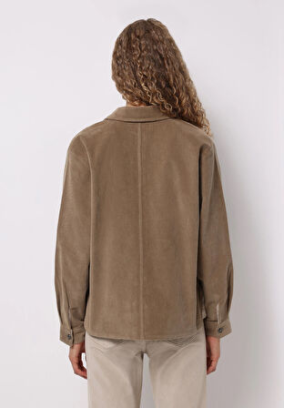 Regular Fit Shirt Neck Düz Kadın Bej Uzun Kol Gömlek