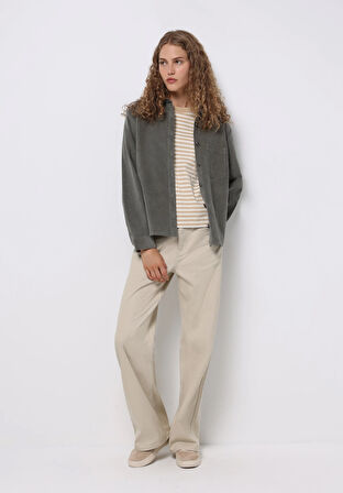 Regular Fit Shirt Neck Düz Kadın Yeşil Uzun Kol Gömlek