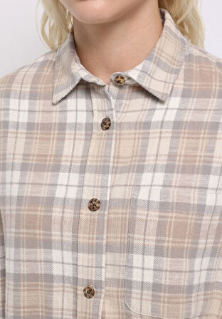 Regular Fit Shirt Neck Ekoseli Kadın Bej Uzun Kol Gömlek