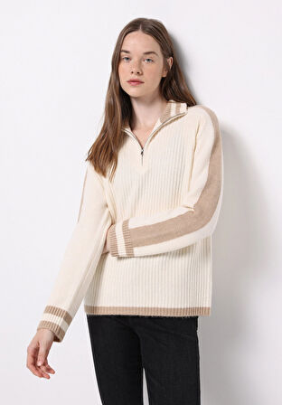 Regular Fit Fermuarlı Düz Kadın Ekru Kazak