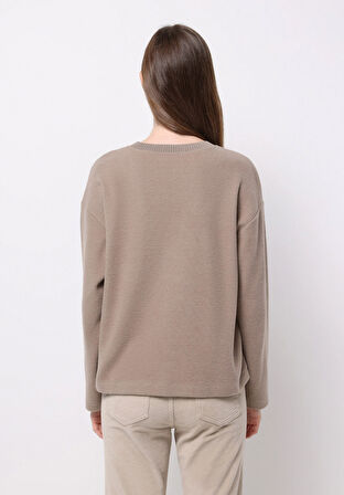 Regular Fit Yuvarlak Yaka Düz Kadın Bej Tişört