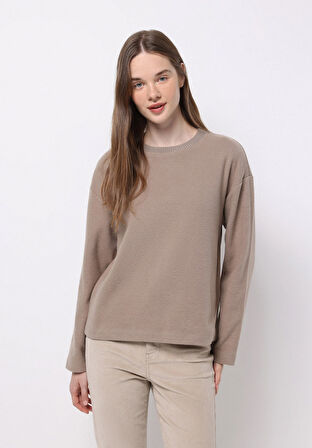 Regular Fit Yuvarlak Yaka Düz Kadın Bej Tişört