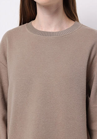 Regular Fit Yuvarlak Yaka Düz Kadın Bej Tişört