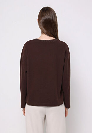 Regular Fit Yuvarlak Yaka Düz Kadın Kahverengi Tişört