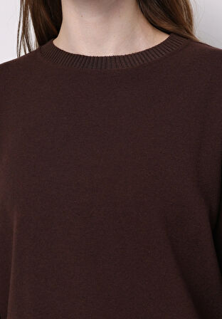 Regular Fit Yuvarlak Yaka Düz Kadın Kahverengi Tişört