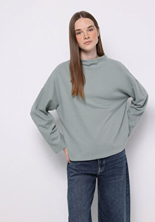 Relax Fit Yuvarlak Yaka Düz Kadın Yeşil Tişört