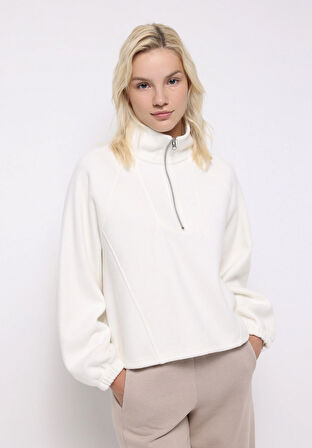 Relax Fit Fermuarlı Düz Kadın Ekru Sweatshirt
