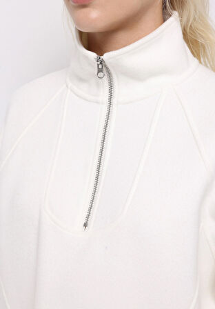Relax Fit Fermuarlı Düz Kadın Ekru Sweatshirt