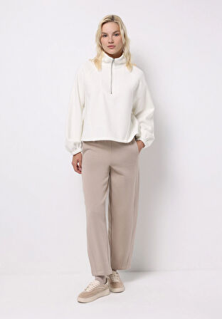 Relax Fit Fermuarlı Düz Kadın Ekru Sweatshirt