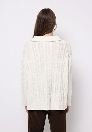 Oversize Fermuarlı Düz Kadın Ekru Kazak