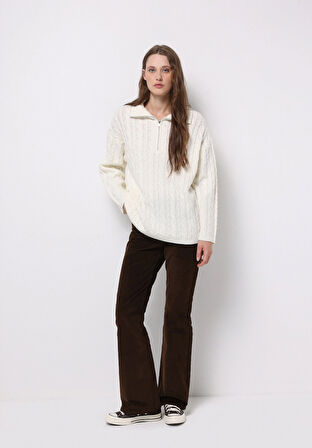 Oversize Fermuarlı Düz Kadın Ekru Kazak