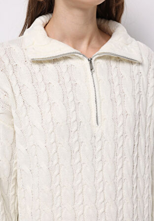 Oversize Fermuarlı Düz Kadın Ekru Kazak