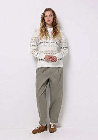 Regular Fit Yuvarlak Yaka Baskılı Kadın Çok Renkli Kazak