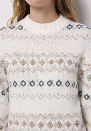 Regular Fit Yuvarlak Yaka Baskılı Kadın Çok Renkli Kazak