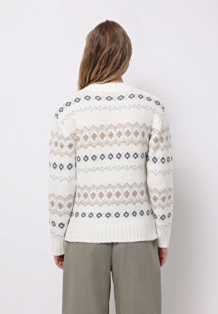 Regular Fit Yuvarlak Yaka Baskılı Kadın Çok Renkli Kazak