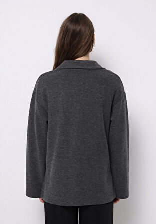 Regular Fit Polo Yaka Düz Kadın Antrasit Tişört