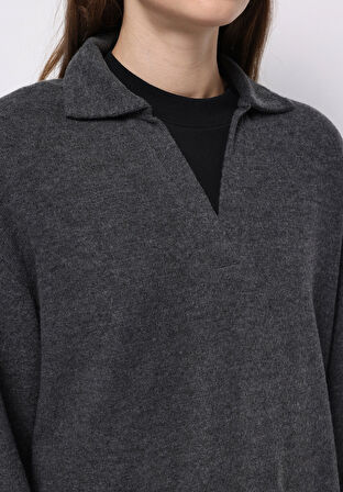 Regular Fit Polo Yaka Düz Kadın Antrasit Tişört