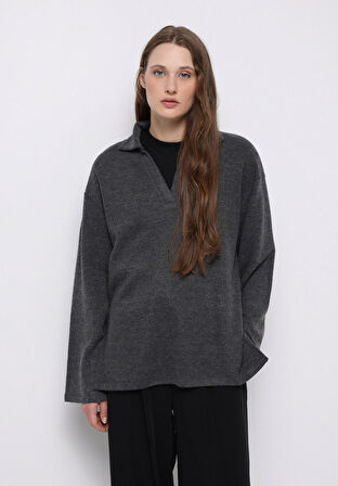 Regular Fit Polo Yaka Düz Kadın Antrasit Tişört