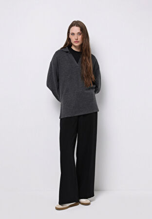 Regular Fit Polo Yaka Düz Kadın Antrasit Tişört