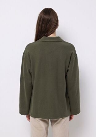 Regular Fit Polo Yaka Düz Kadın Yeşil Tişört