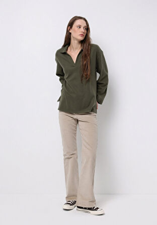 Regular Fit Polo Yaka Düz Kadın Yeşil Tişört